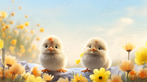 Easter background for banner with chickens, Easter eggs and flowers #689292042