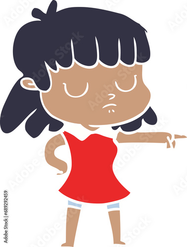 flat color style cartoon indifferent woman pointing