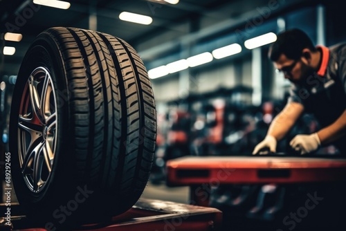 A man is seen working on a tire in a garage. This image can be used to depict automotive maintenance and repair