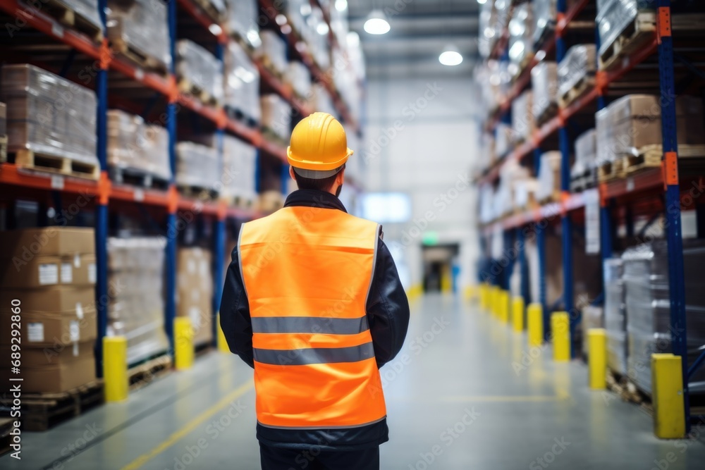 A man in an orange safety vest standing in a warehouse. A man in an orange safety vest standing in a warehouse.