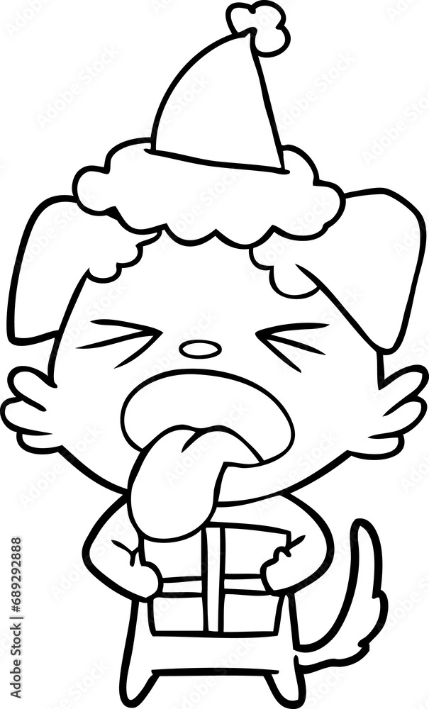 hand drawn line drawing of a dog with christmas present wearing santa hat hand drawn line drawing of a dog with christmas present wearing santa hat