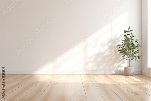 An empty room with a potted plant on the floor. Suitable for interior design, home decor, and minimalistic concepts