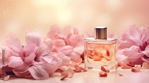 Aromatic allure: Perfume bottle and flower petals on a pastel beige background. Aesthetic design for natural cosmetics with aromatic oil.