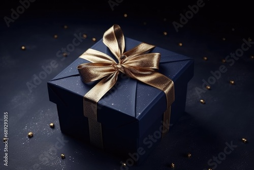 A beautiful blue gift box with a shiny gold bow. Perfect for any special occasion or celebration © Fotograf
