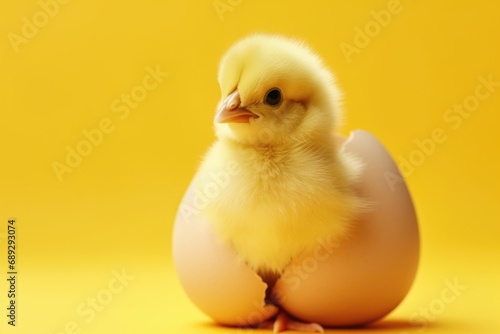 A small chicken is pictured sitting inside of an egg. This image can be used to depict the concept of new life or the beginning of something
