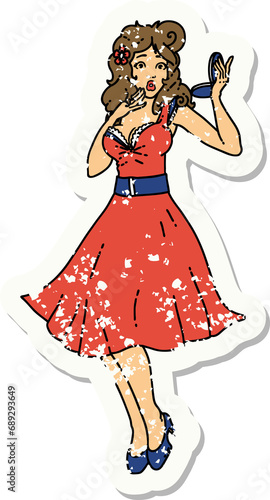 distressed sticker tattoo in traditional style of a pinup surprised girl