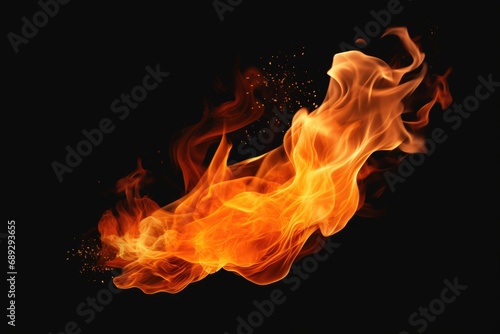 A close up shot of a vibrant fire on a black background. This image can be used to depict concepts such as warmth, energy, passion, danger, and destruction. © Fotograf