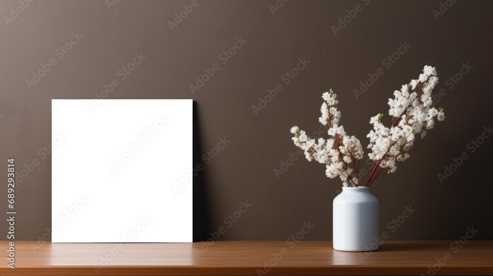Photo frame mockup on brown wall background, blank poster template. Minimalistic interior table vase with flowers decor Photo frame mockup on brown wall background, blank poster template. Minimalistic interior table vase with flowers decor