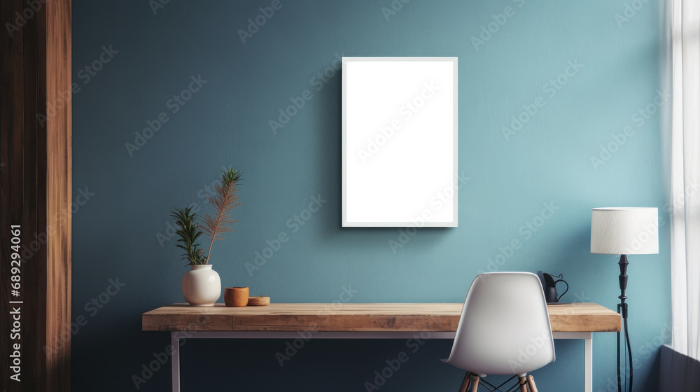 Photo frame mockup on blue wall background, blank poster template. Minimalistic interior table workplace vase with flowers decor Photo frame mockup on blue wall background, blank poster template. Minimalistic interior table workplace vase with flowers decor