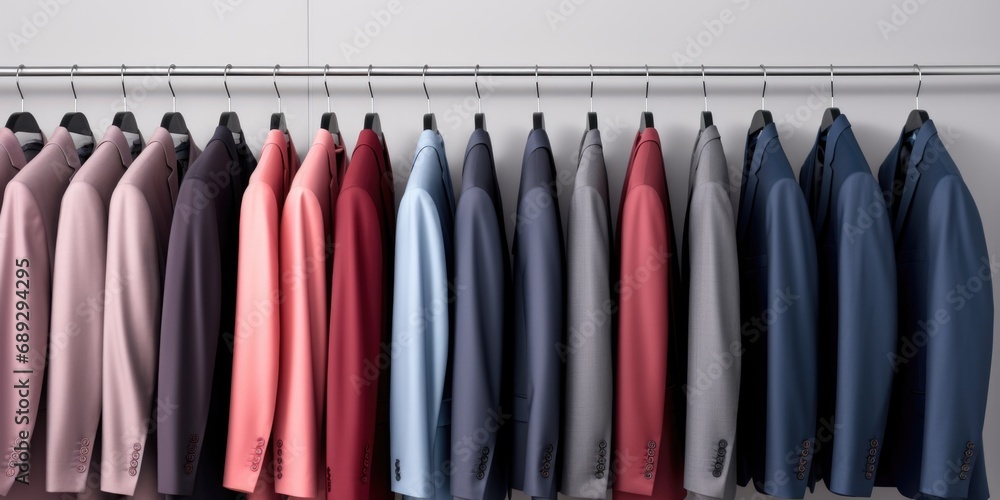 A row of suits hanging on a rack. A row of suits hanging on a rack.