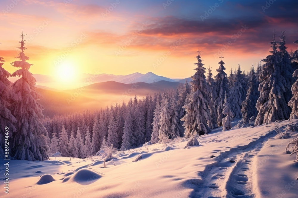 Sun setting over a snowy mountain, perfect for landscape photography or travel promotions Sun setting over a snowy mountain, perfect for landscape photography or travel promotions