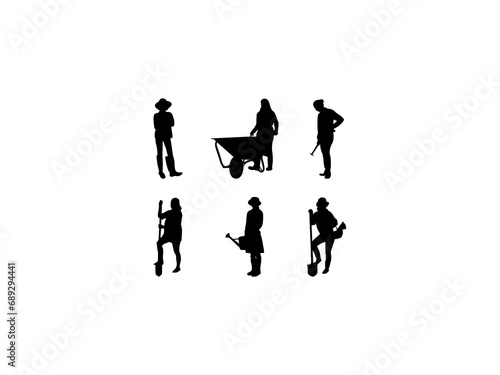 Set of Woman Farmer Silhouette in various poses isolated on white background