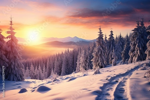 Sun setting over a snowy mountain, perfect for landscape photography or travel promotions © Fotograf