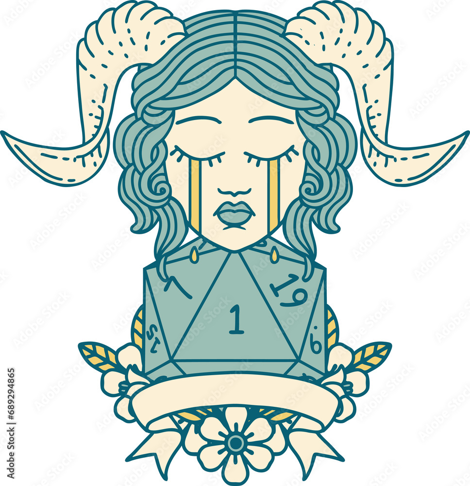 Retro Tattoo Style crying tiefling with natural one D20 dice roll Retro Tattoo Style crying tiefling with natural one D20 dice roll