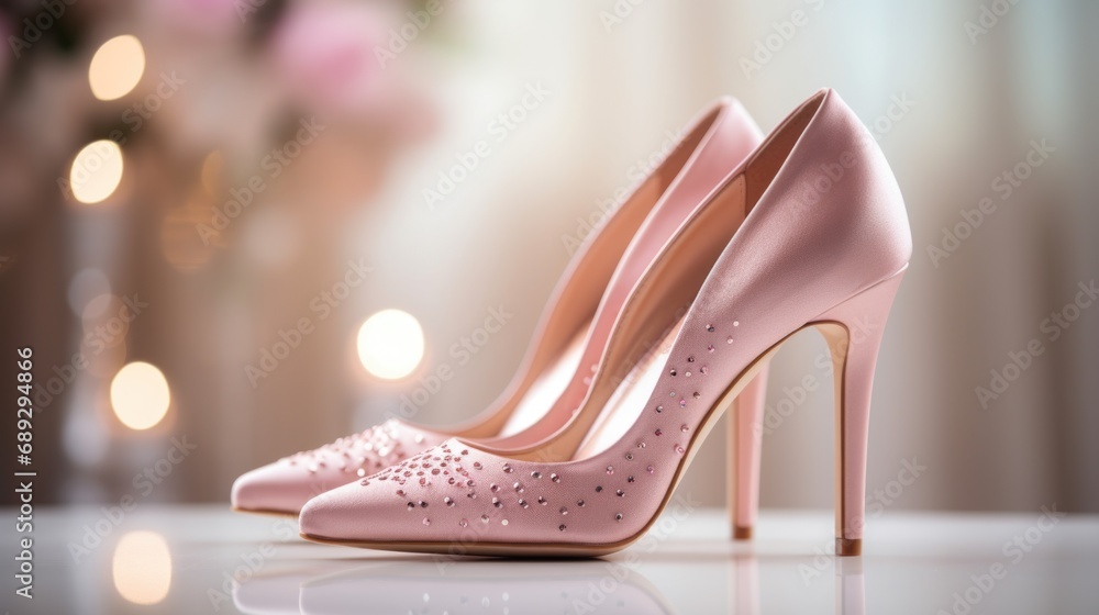 A pair of pink high heeled shoes on a table. - obrazy, fototapety, plakaty 