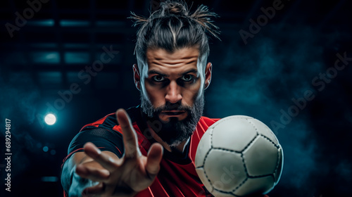 Intense handball player in action, dark smoky background.
 photo