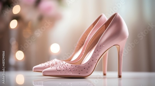 A pair of pink high heeled shoes on a table.