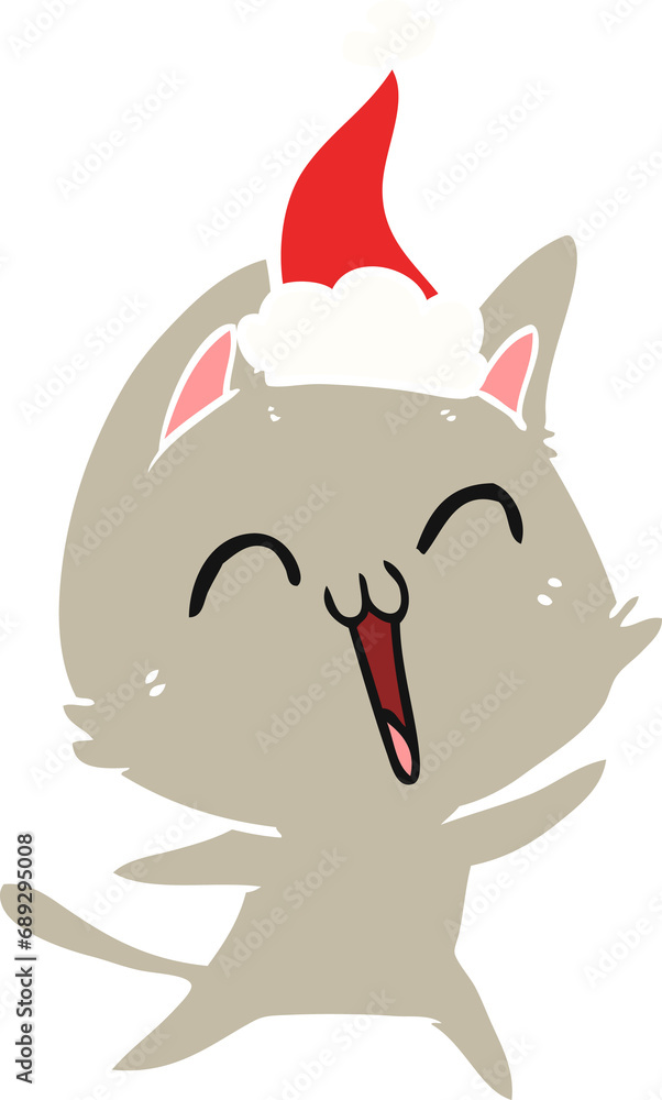 happy hand drawn flat color illustration of a cat wearing santa hat happy hand drawn flat color illustration of a cat wearing santa hat