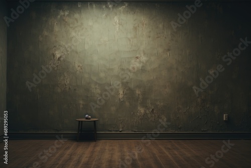 A room with a wooden floor and a wall with peeling paint. This picture can be used to depict an old or abandoned space photo