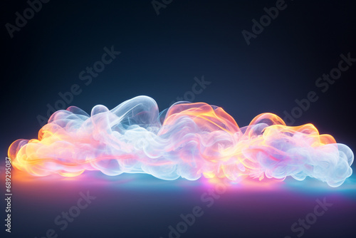 Graphic resources, festive concept. Glowing neon string surreal colorful garlands in clouds foggy dark background with copy space. Vivid glowing colors, wave or light trail painting pattern photo