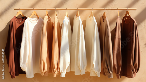 T-shirts on hanger with sunlight shadow, neutral beige linen, cotton draped fabric, copy space. Apparel cloth background.