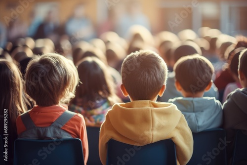 A group of children sitting in chairs in front of a crowd. Perfect for school events, performances, or presentations photo