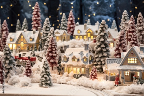 A miniature Christmas village featuring a train and an abundance of trees. Perfect for holiday decorations or creating a festive atmosphere. photo
