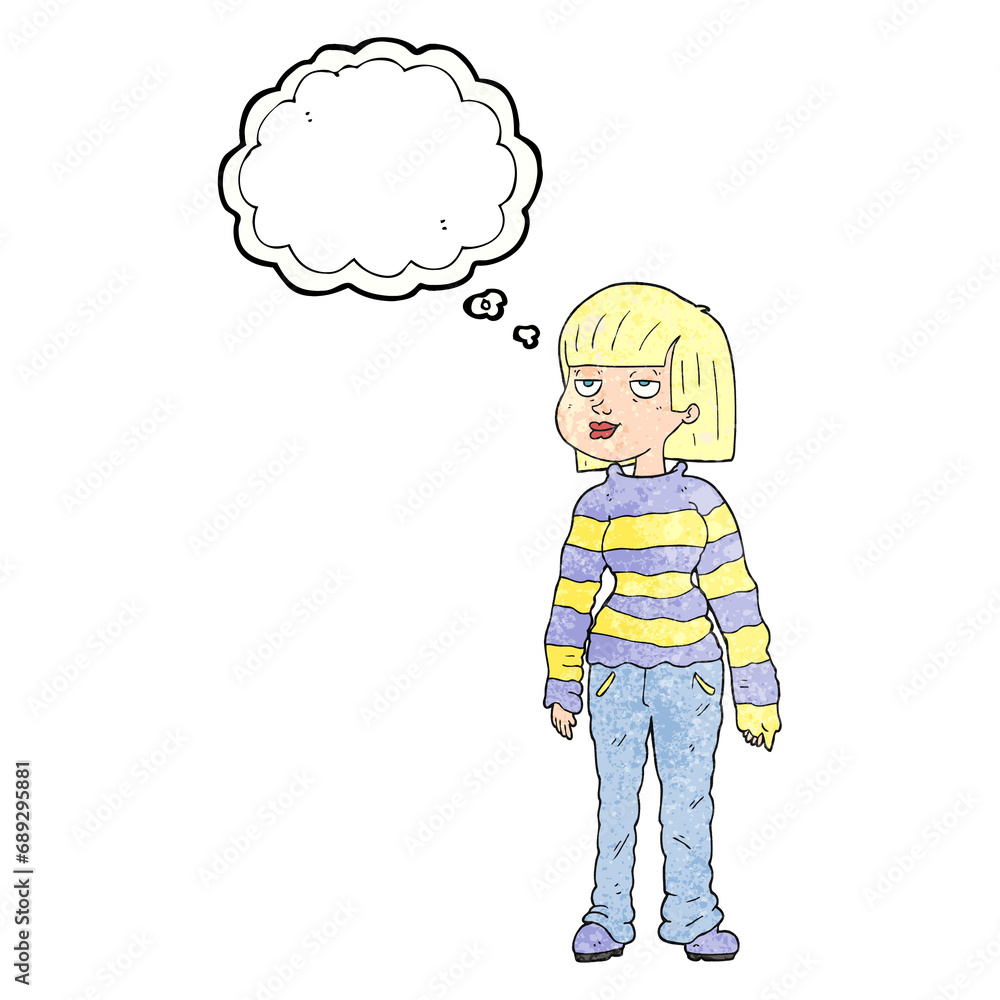 freehand drawn thought bubble textured cartoon woman in casual clothes freehand drawn thought bubble textured cartoon woman in casual clothes