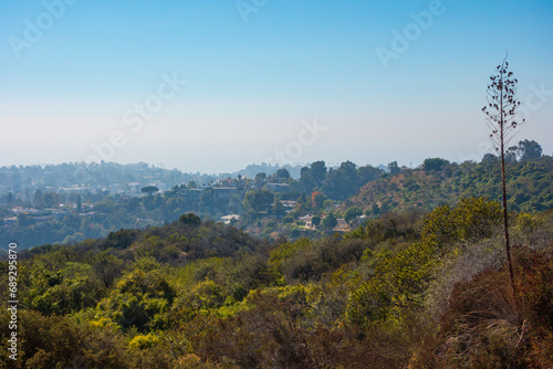 Views of the Polo fields, mountains, coastal beach views, and eucalyptus trees in Will Rogers State Historic Park in the Pacific Palisades photo