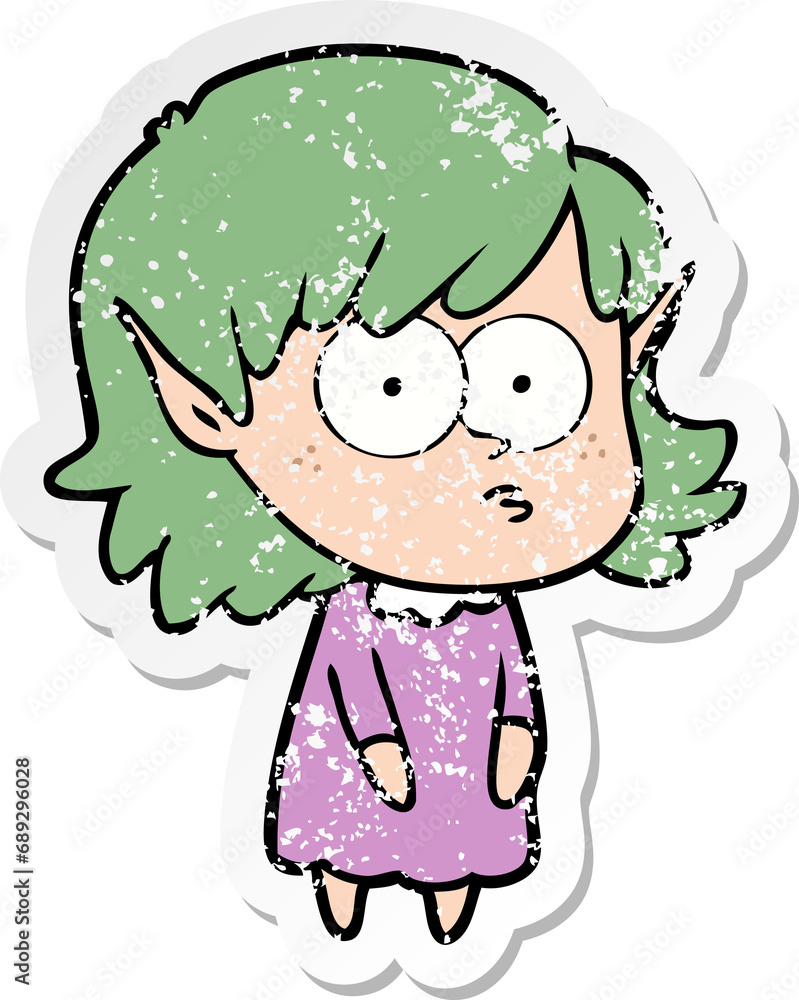 distressed sticker of a cartoon elf girl staring distressed sticker of a cartoon elf girl staring