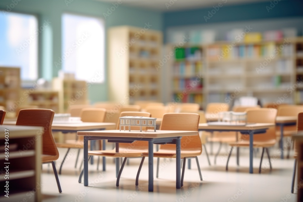 A classroom filled with rows of desks and chairs. Perfect for educational and school-related projects