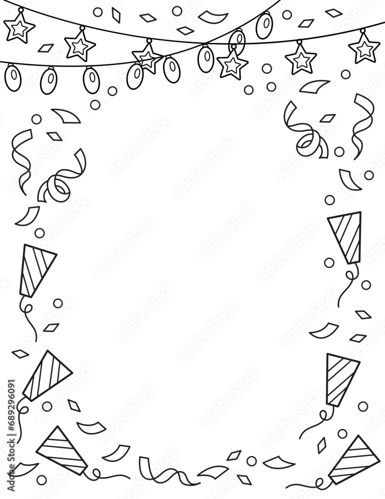 Background for Birthday, confetti, firecrackers and festive lanterns. Background. Coloring book. Black and white vector illustration.
