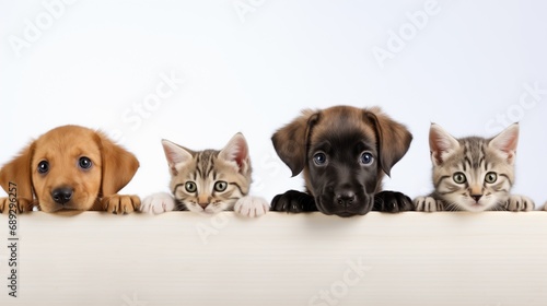 A Group of Cats and a Dog Looking Over a Wall