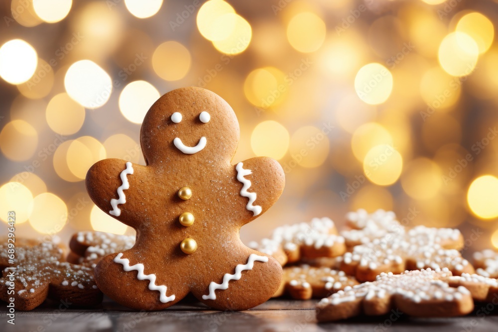 A close-up view of a gingerbread on a table. This image can be used to add a festive touch to holiday-themed designs or to showcase delicious baked goods. A close-up view of a gingerbread on a table. This image can be used to add a festive touch to holiday-themed designs or to showcase delicious baked goods.