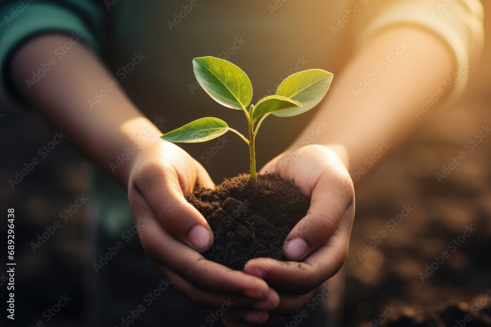 A person holding a small plant in their hands. This image can be used to represent growth, nature, gardening, or environmental concepts A person holding a small plant in their hands. This image can be used to represent growth, nature, gardening, or environmental concepts