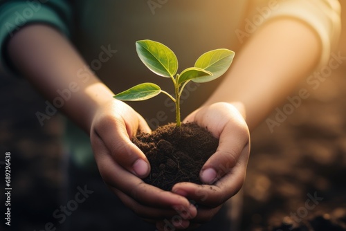 A person holding a small plant in their hands. This image can be used to represent growth, nature, gardening, or environmental concepts