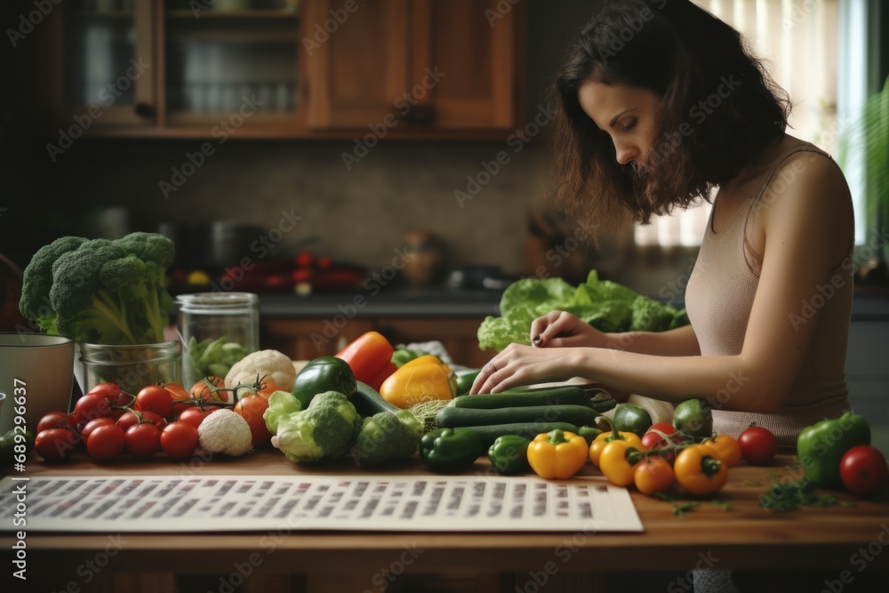 A woman is seen cutting vegetables on a cutting board. This image can be used in various cooking or healthy lifestyle related projects