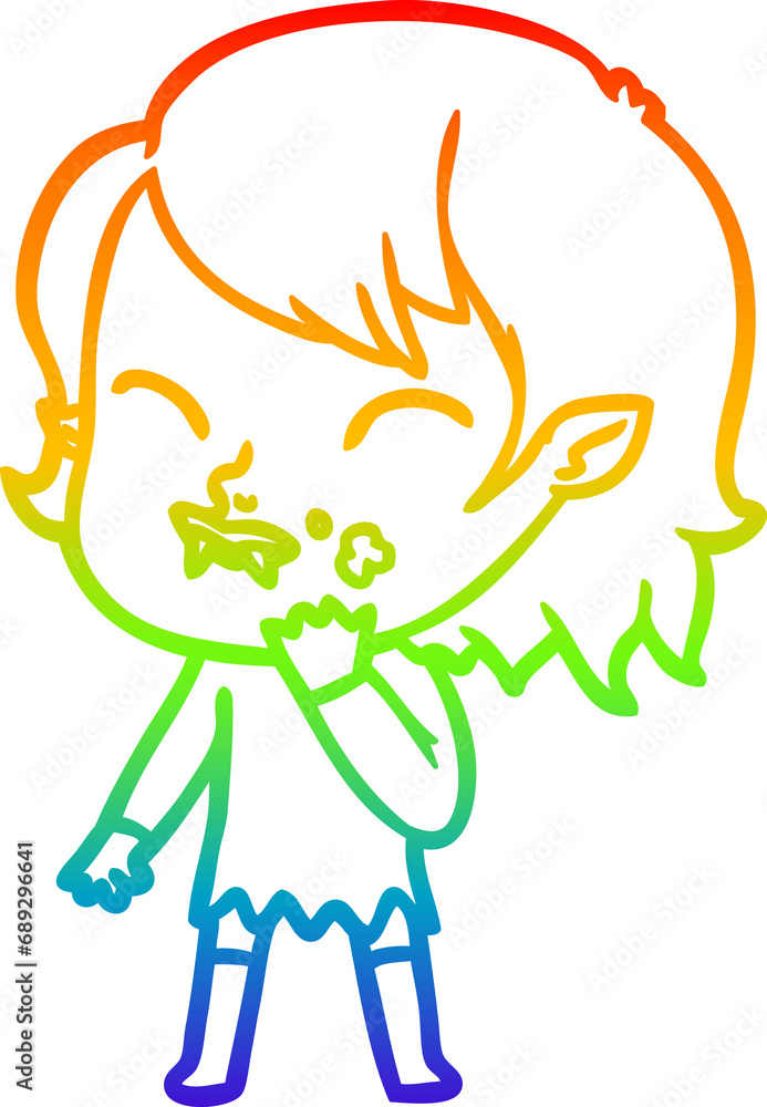 Fototapeta premium rainbow gradient line drawing of a cartoon vampire girl with blood on cheek