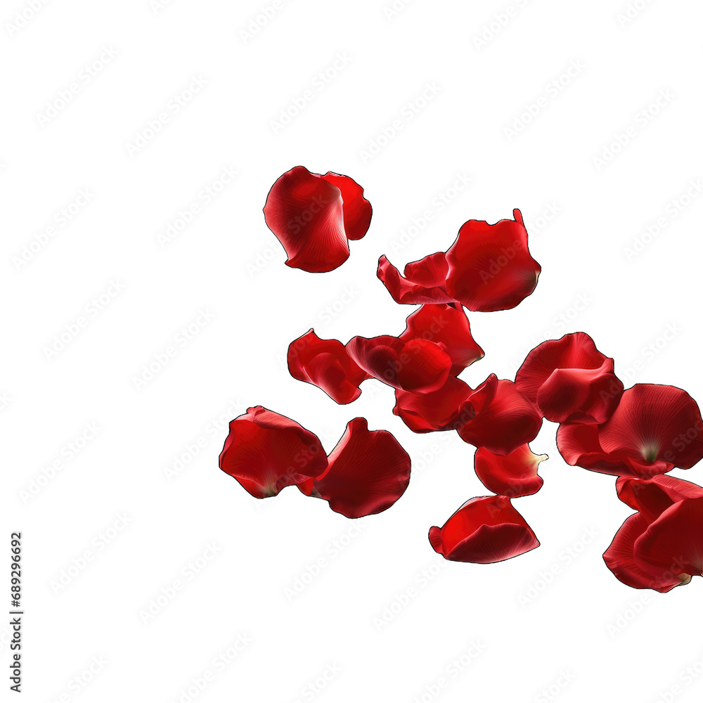 Floating red rose petal isolated on white. Background concept for love greetings on valentines day and mothers day. Space for text Floating red rose petal isolated on white. Background concept for love greetings on valentines day and mothers day. Space for text