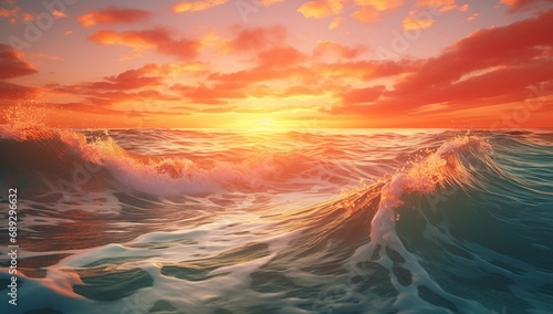 A sunset over the tumultuous ocean waves
