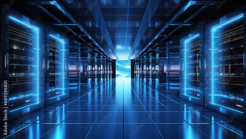 Modern server room with rows of server racks emitting blue light and reflective floors, creating a technological ambiance. - obrazy, fototapety, plakaty 