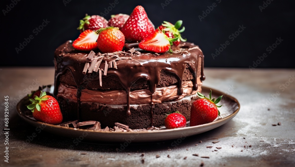 Chocolate cake with strawberries, adorned with icing and chocolate shavings on a light background Chocolate cake with strawberries, adorned with icing and chocolate shavings on a light background