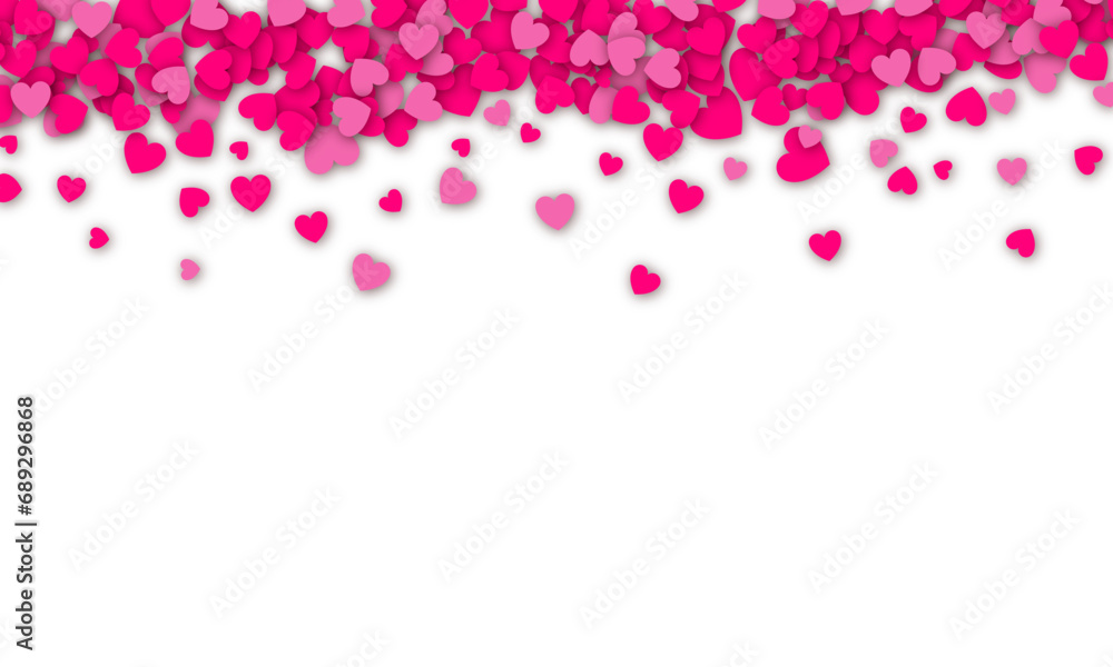 Valentines day background design with pink heart stickers scattered on a white background. Paper hearts with realistic shadow. Vector background EPS 10 Valentines day background design with pink heart stickers scattered on a white background. Paper hearts with realistic shadow. Vector background EPS 10