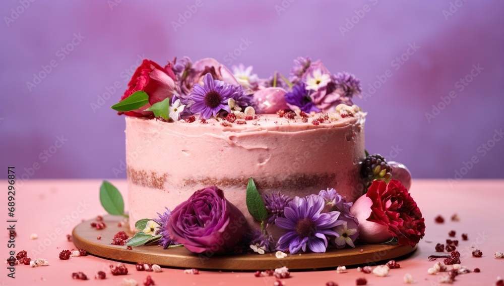 A pink cake with red and purple flowers, berries, on a golden stand against a purple background. A pink cake with red and purple flowers, berries, on a golden stand against a purple background.