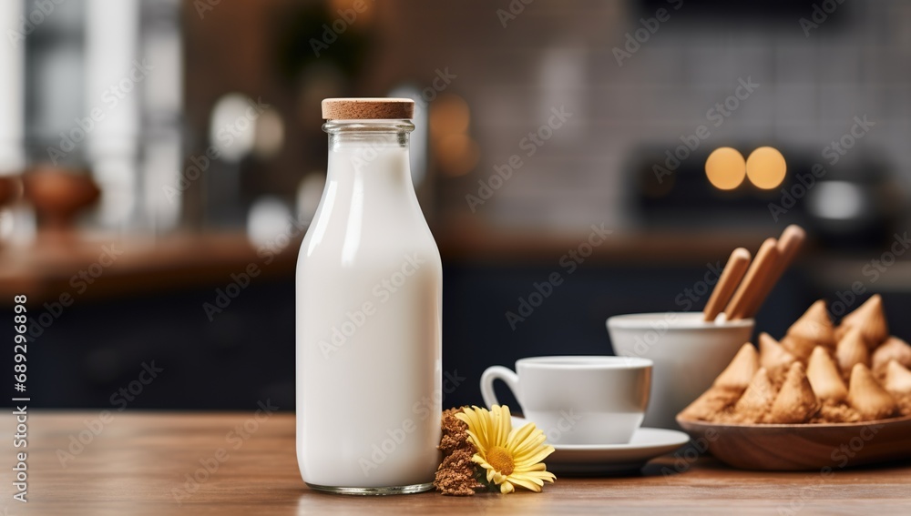 A white glass milk bottle with a brown cork on a wooden table with a flower and cookies in the background of the kitchen. Mockup for your product presentation. A white glass milk bottle with a brown cork on a wooden table with a flower and cookies in the background of the kitchen. Mockup for your product presentation.