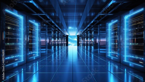 Modern server room with rows of server racks emitting blue light and reflective floors, creating a technological ambiance. photo