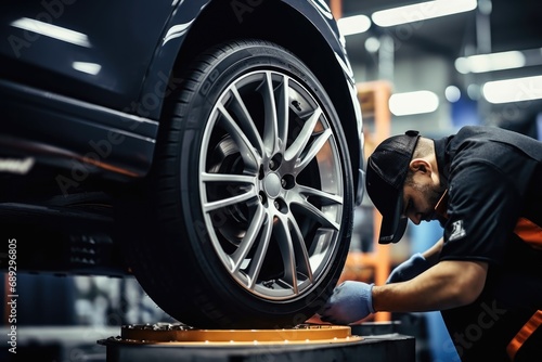 A man is seen working on a tire in a garage. This image can be used to showcase automotive maintenance and repair activities © Fotograf