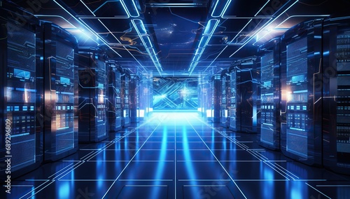 Futuristic server hall with rows of servers highlighted by blue light, and a virtual interface in the foreground, emphasizing modern technology.