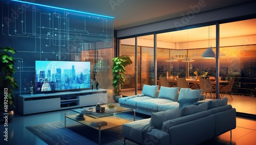 Modern living room with a large TV, comfortable sofas, and a view of the cityscape at dusk through panoramic windows. © volga