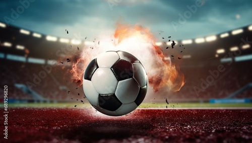 A soccer ball in motion with effects of fire and smoke against the backdrop of a stadium © volga
